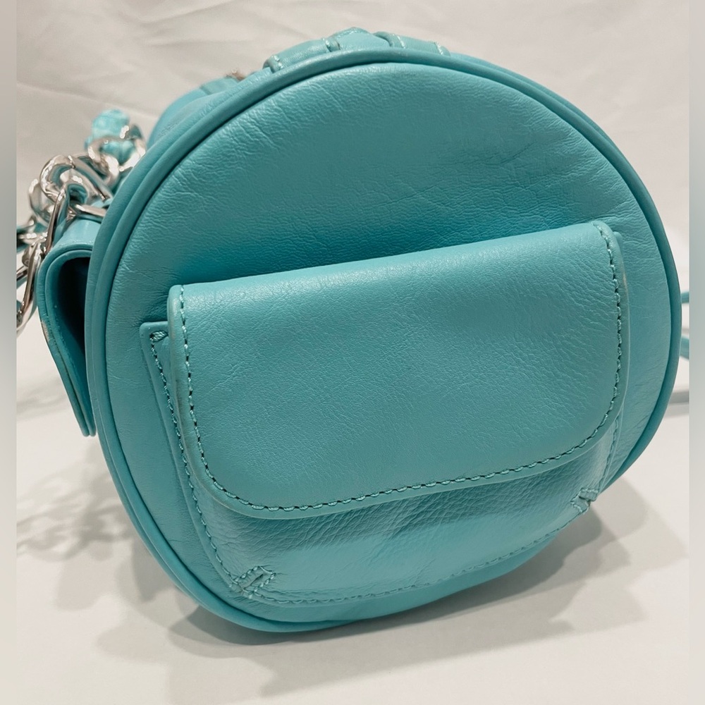 RARE NWT JUICY COUTURE VINTAGE Blue Leather Silver Accent Silk Bow Barrel Bag - Picture 6 of 15